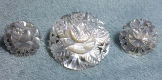 Antique Mother Of Pearl Brooch & Clip Earrings Flower Filigree Intricate Carved