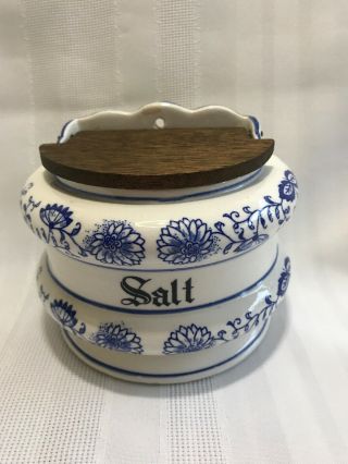 Antique Porcelain Blue Onion Wall Hanging Salt Box Wooden Lid