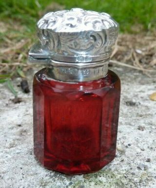 Victorian Silver Top Cranberry Glass Scent Bottle 1896