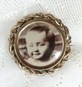 Antique Victorian Smiling Baby Gold Filled Photo Pin Mourning Remembrance