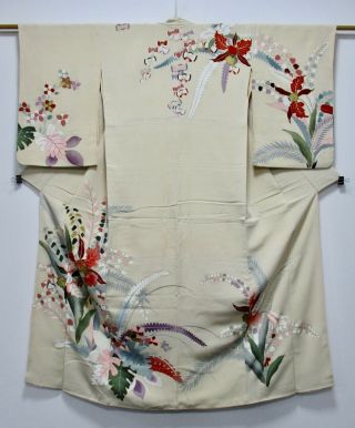 Japanese Kimono Silk Antique Houmongi / Flower & Butterfly /148