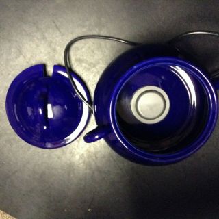 Modern Porcelain Cobalt Blue Electric Soup Tureen w/ Blk Ladle 2 handle crock 2