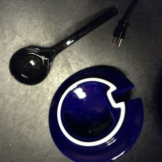 Modern Porcelain Cobalt Blue Electric Soup Tureen w/ Blk Ladle 2 handle crock 3