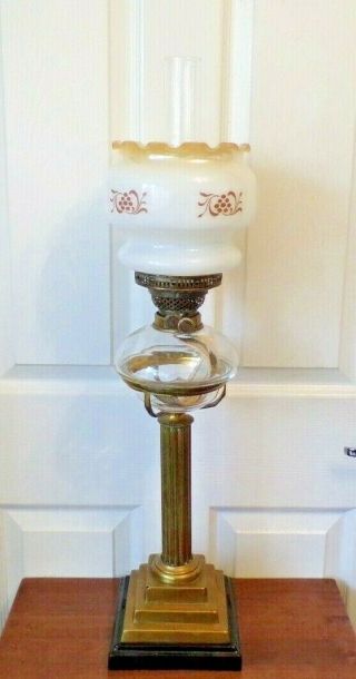 A Stunning Heavy Victorian Brass Column Oil Lamp Glass Drop In Font Twin Burner