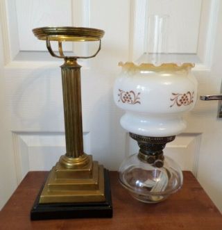 A stunning heavy Victorian brass column oil lamp glass drop in font twin burner 7