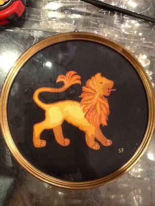 Vintage / Antique Hand Embroidery Of A Lion In Later Gilt Circular Frame