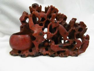 A Chinese Red Stone Brush Pot With Animals Lovely Detail Not Soapstone 2883