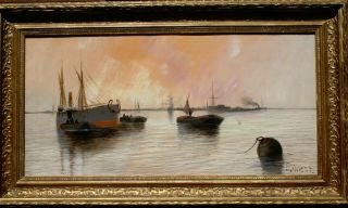19th Century View On The Thames Near Tilbury Antique Oil Painting Sig.  E Knight