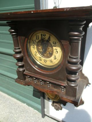 Vintage Antique F M S Striking Wood Wall Clock With Pendulum 5500 Chime