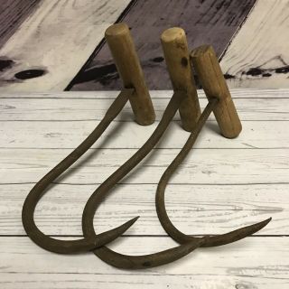 3 Vintage Hand Forge Wrought Iron Wood Hay Bale Hook Tool Cabin Rustic Primitive