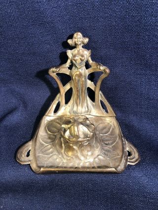 Antique Or Vintage Brass Art Nouveau Figural Inkwell Semi Nude Lady