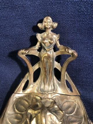 Antique or Vintage Brass Art Nouveau Figural Inkwell semi nude lady 2
