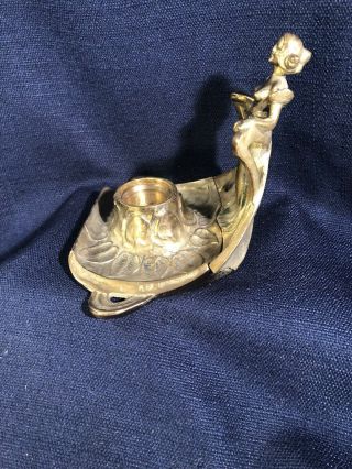 Antique or Vintage Brass Art Nouveau Figural Inkwell semi nude lady 7