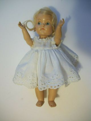 Early Vintage 7 " Hard Plastic Painted Eyes Vogue Doll As Found W Tagged Dress