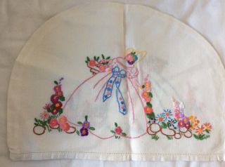 Vintage Hand Embroidered Both Sides Linen Crinoline Lady Tea Pot Cover Vgc
