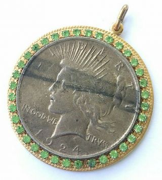 Antique 1924 Peace Silver Dollar Pendant Embeded In 37 Round Peridot Gemstones