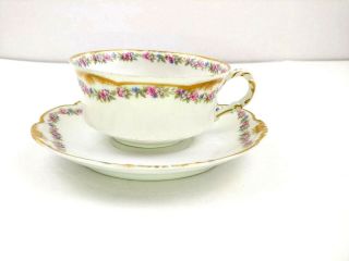 Antique Haviland Limoges Tea Cup And Saucer Pink Roses Double Gold