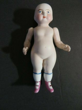 Antique German All Bisque 3.  5 " Doll Stiff Hips Painted Boots Early Marked 2/0