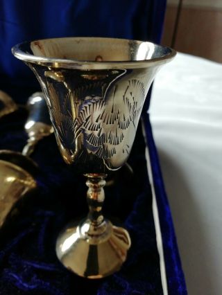 Vintage Set of 6 Silver Plated Small Goblets.  beautifully engraved.  and box. 2