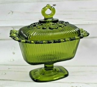 Indiana Glass Lace Edge Olive Green Pedestal Candy Dish With Lid 157b