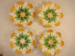 4 Rare Antique Meissen Cabnet Plates Grape Leaves Pattern Green Center 4.  5 "