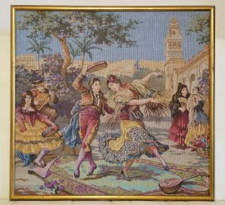 Antique Tapestry Wall Hanging Custom Framed Spanish Street Dancers Musicians