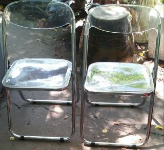 Mid Century Modern Set 2 Lucite Chrome Folding Side Chairs Italy 1960s Castelli