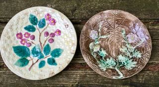 Antique Majolica Grape Leaf & Floral Pattern & Raspberry Plates