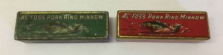 Pair Vtg Al Foss Pork Rind Minnow Fishing Tins Red & Green Cleveland Oh Empty