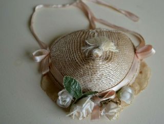Sweetest Vintage Doll Hat Bonnet Sz 10 - 11 " Millinery Flower And Lace Trim Tassel