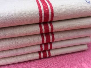 Vintage French Linen Metis Torchons Tea Towels Fleur Bleue Red Stripes
