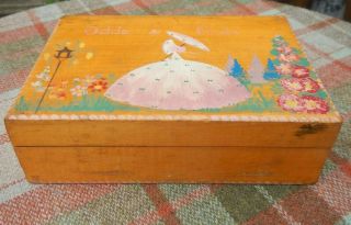 Vintage 1930s Art Deco Painted Crinoline Lady In Garden Wooden Odds & Ends Box
