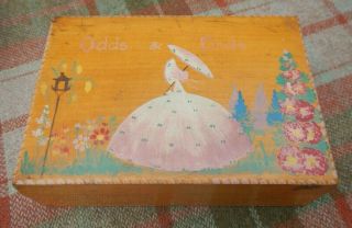 VINTAGE 1930s ART DECO PAINTED CRINOLINE LADY IN GARDEN WOODEN ODDS & ENDS BOX 2