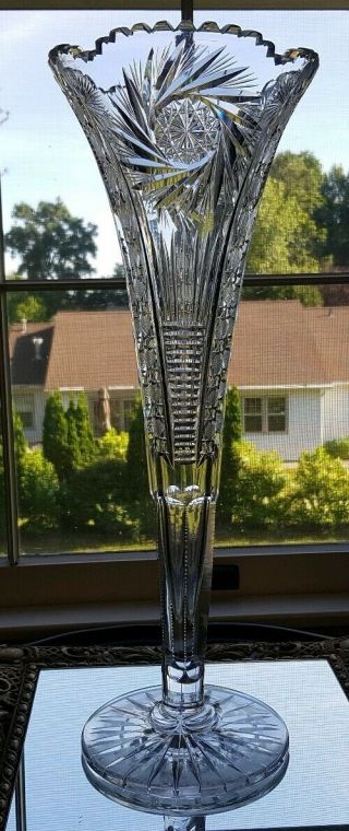 Antique 1890 Abp American Brilliant Period Cut Crystal Glass Trumpet Vase 18,  5 "
