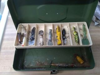 Vintage Victor Metal Tackle Box Filled With 12 Assrtd Vintage Water Gators& More