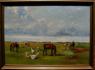 Antique Oil Painting Cliff Top Landscape Horses And Geese Niels Christensen