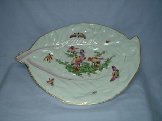 RARE ANTIQUE DR WALL PERIOD WORCESTER LEAF SHAPED DISH BIRDS & BUTTERFLIES C1770 2