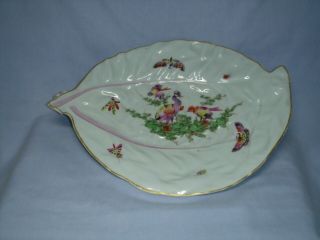 RARE ANTIQUE DR WALL PERIOD WORCESTER LEAF SHAPED DISH BIRDS & BUTTERFLIES C1770 3