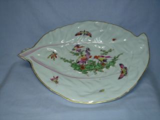 RARE ANTIQUE DR WALL PERIOD WORCESTER LEAF SHAPED DISH BIRDS & BUTTERFLIES C1770 4