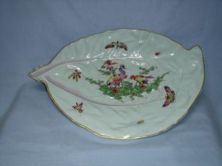 RARE ANTIQUE DR WALL PERIOD WORCESTER LEAF SHAPED DISH BIRDS & BUTTERFLIES C1770 5