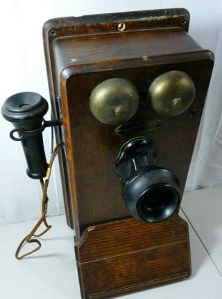 Kellogg Vintage Antique Oak Wood Wall Telephone Hand Crank Bell Sumter 1900 