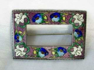 Antique Sterling Silver Guilloche Enamel Lily & Fish Buckle Shaped Pin Brooch