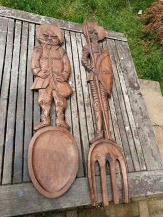 Lovely Large Vintage Hand Carved Fork & Spoon Wall Plaques Ornaments.