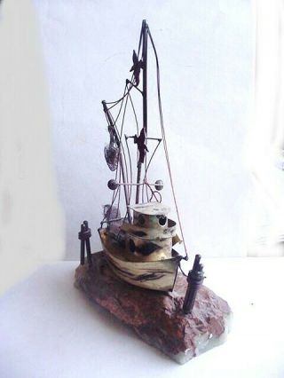 Vintage Mid Century De Mott Metal Fishing Boat Signed Art Sculpture