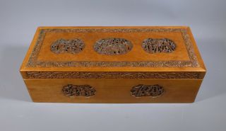Fine Antique 19th C.  Chinese Canton Carved Sandalwood Wooden Box Casket Glovebox