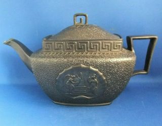 Antique 19thc E.  Mayer Black Basalt Teapot Lord Nelson & Trafalgar - C1806