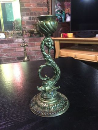 Antique Ornate Victorian Maritime Nautical Dolphin Brass Candlestick Holder