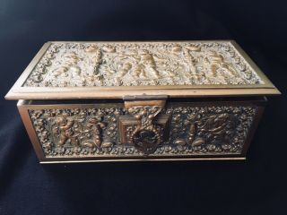 Antique/vintage 30’s Brass Jewelry Casket With Cherubim And Key French Perhaps