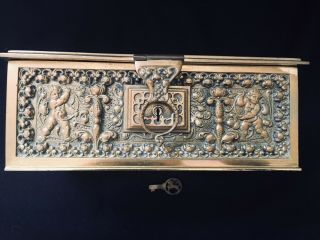 Antique/Vintage 30’s Brass Jewelry Casket With Cherubim And Key French Perhaps 5