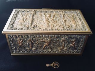 Antique/Vintage 30’s Brass Jewelry Casket With Cherubim And Key French Perhaps 7